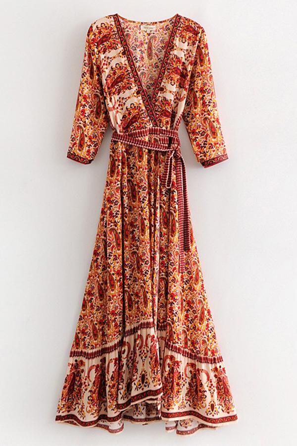 Red Floral Cut Out Sashes Ruffle V-neck National Maxi Dress