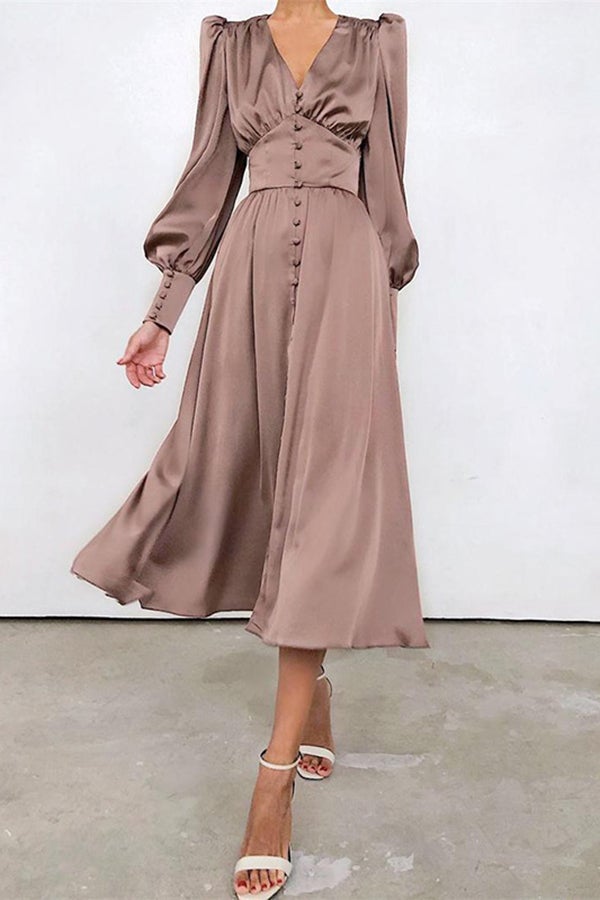 V-neck Lantern Sleeve Waist Slim Vintage Dress