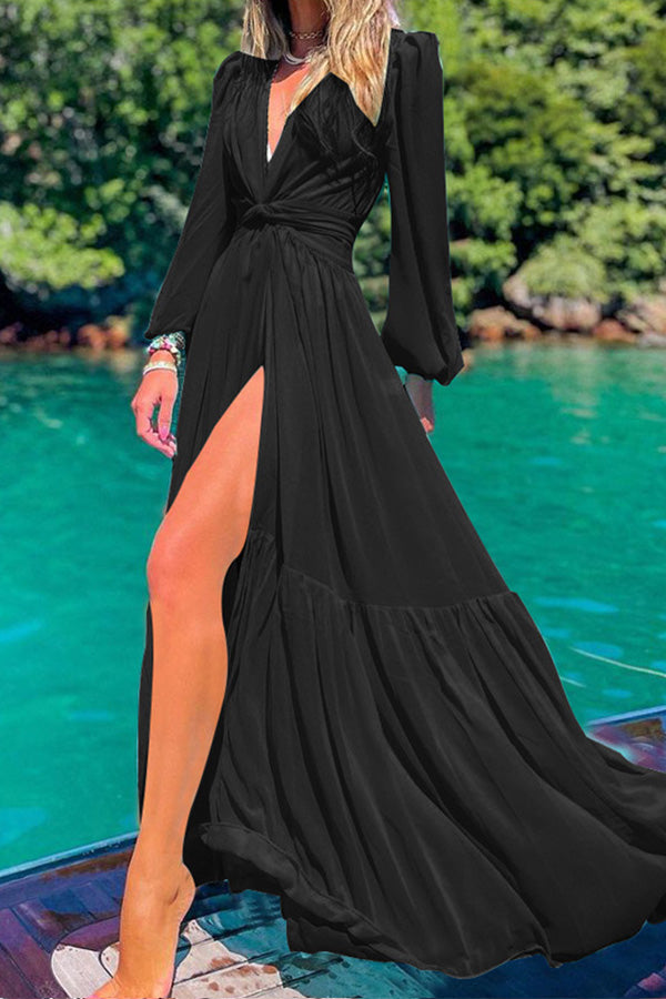 V-neck irregular Long Sleeve Chiffon Dress