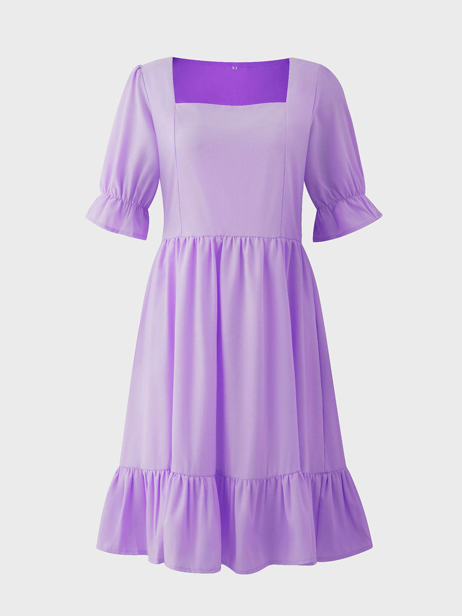 Solid Square Neck High Waist Mini Dress