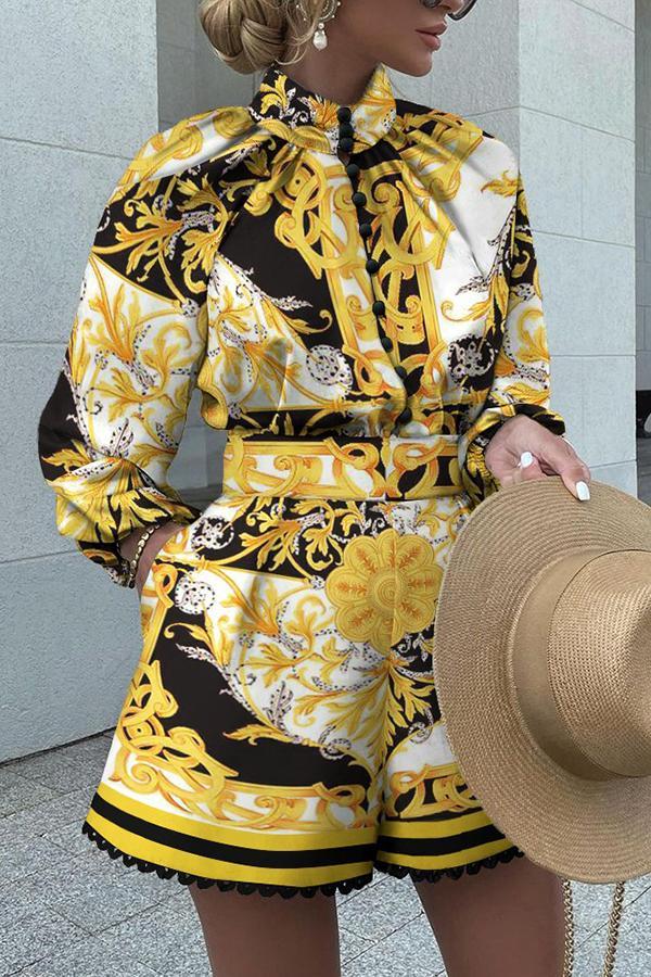 Baroque Print Button Front Long Sleeve Top & Shorts Set