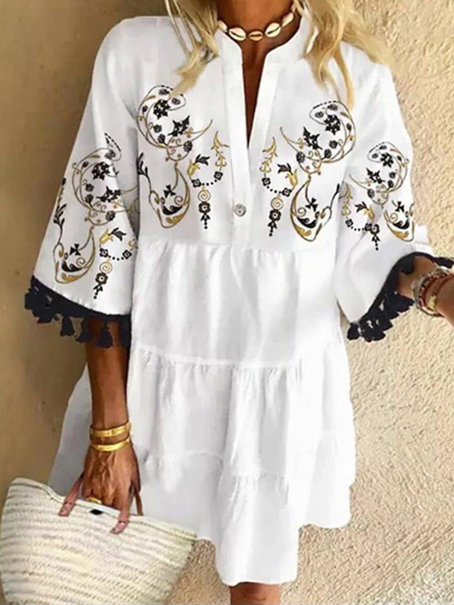 Printed V-neck Mid Length Dress