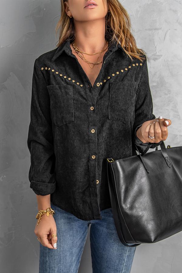 Rivet Corduroy Buttoned Long Sleeve Shirt with Pockets