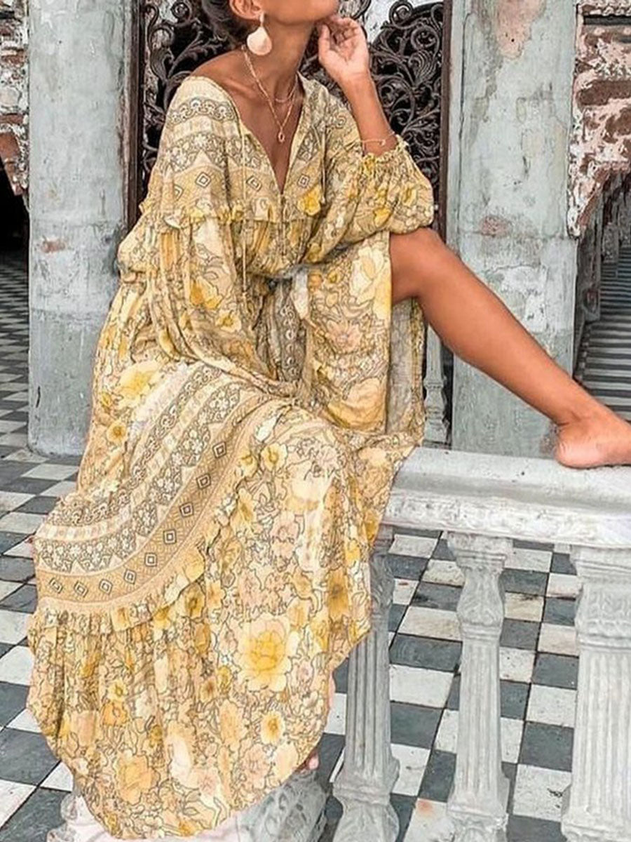 Tribal Long Sleeve Boho Cotton Shift Maxi Dress