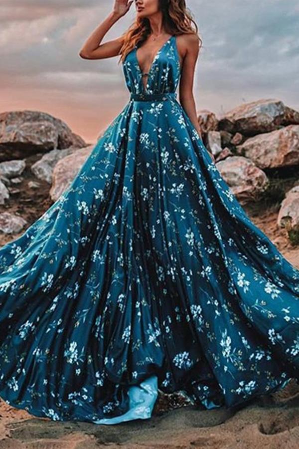 Deep V Sleeveless Sling Print Maxi Dress