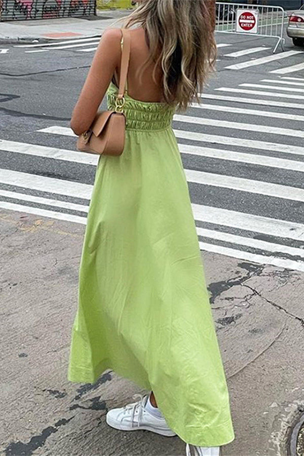 Women's V-neck Sling Solid Color High Waist Dress
