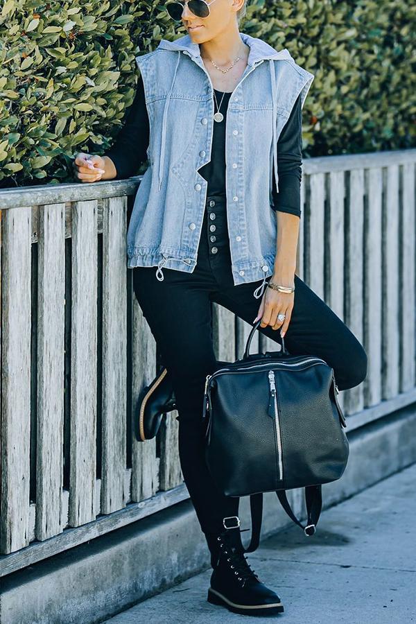 Pocketed Hooded Denim Vest