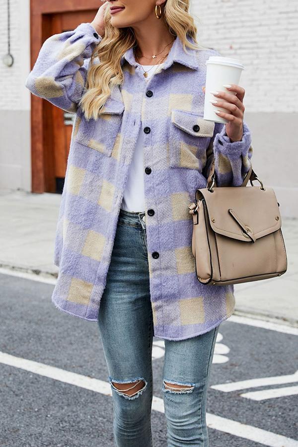 Lapel Long-sleeved Plaid Woolen Shirt Jacket