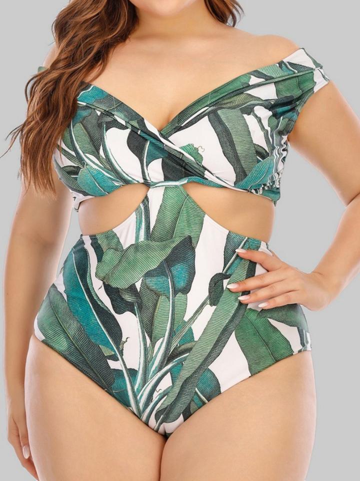 Floral Print Hollow-out Green One-piece Swimsuit