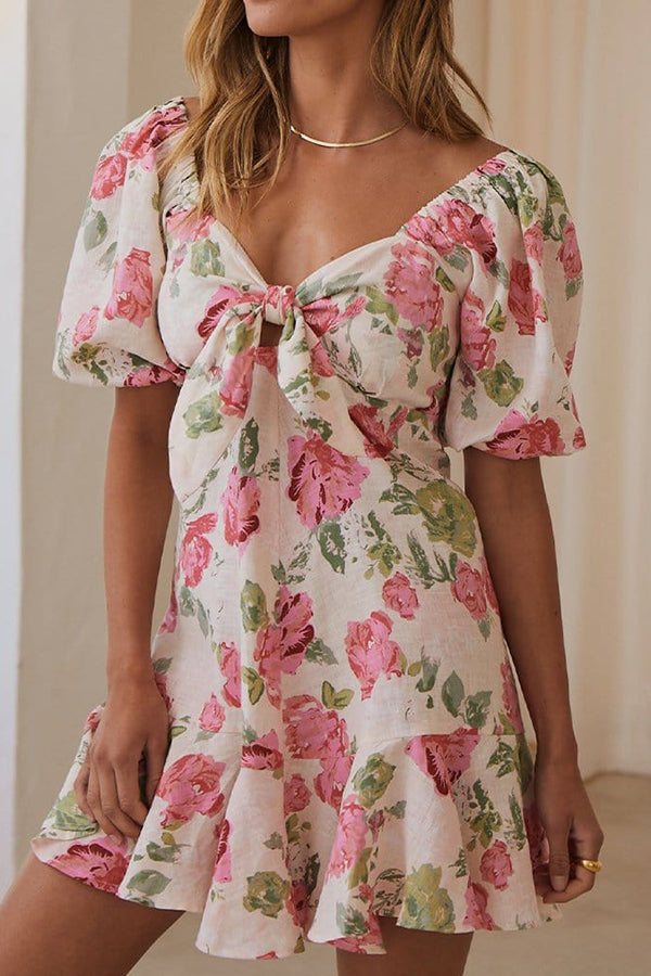 Printed Cropped Lace-Up V-Neck Backless Mini Dress