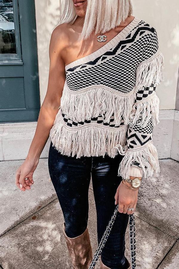 One Sleeve Oblique Collar Sweater