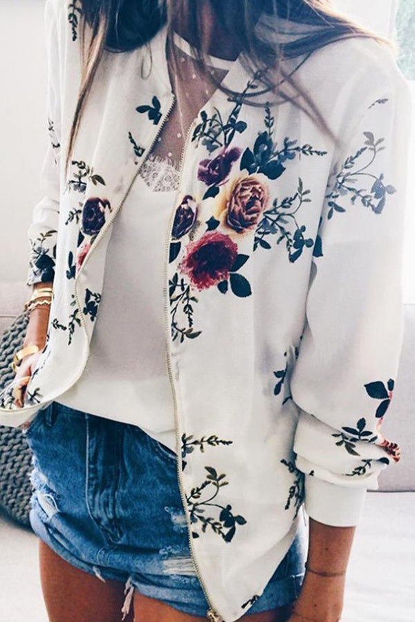 Round Neck Zipper Long Sleeve Printed Jacket