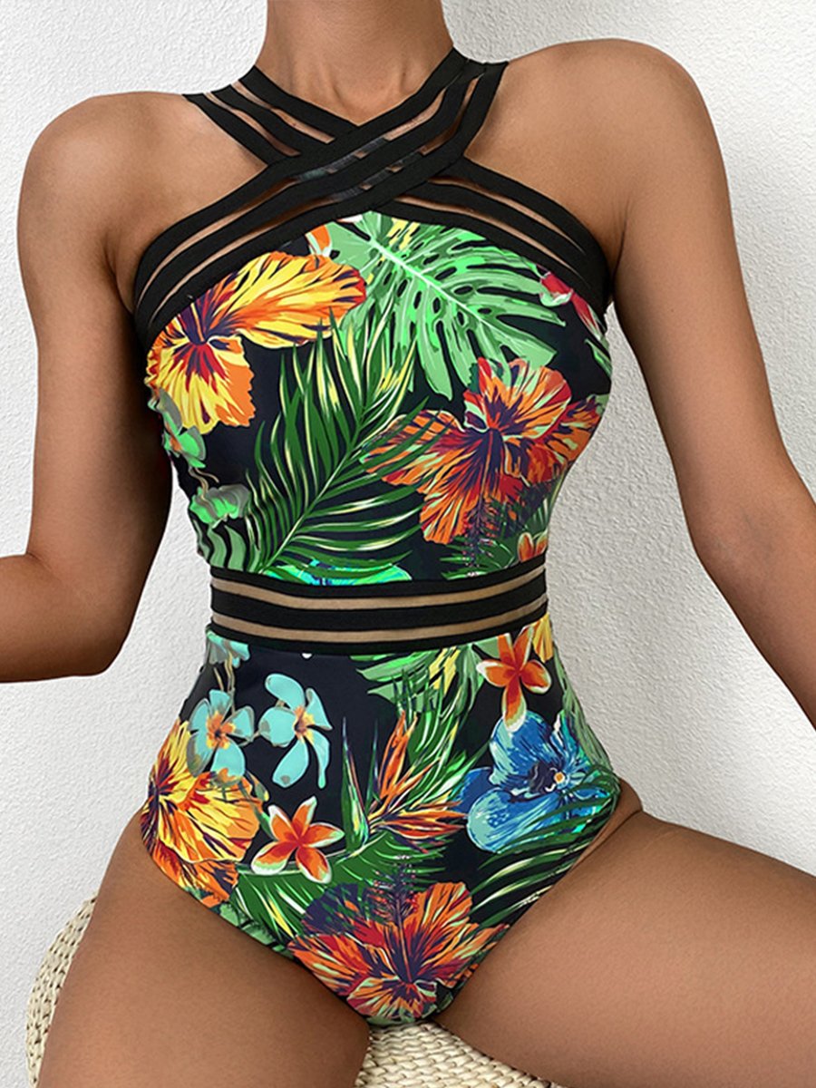 Sheer Stripe Print One Piece Swimsuit
