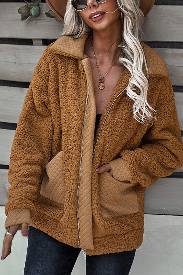 Long Sleeve Pocket Detail Zip Up Teddy Coat