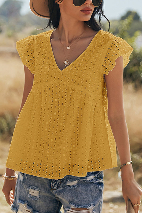 V-neck Lotus Leaf Sleeve Hollow Loose Women's Top