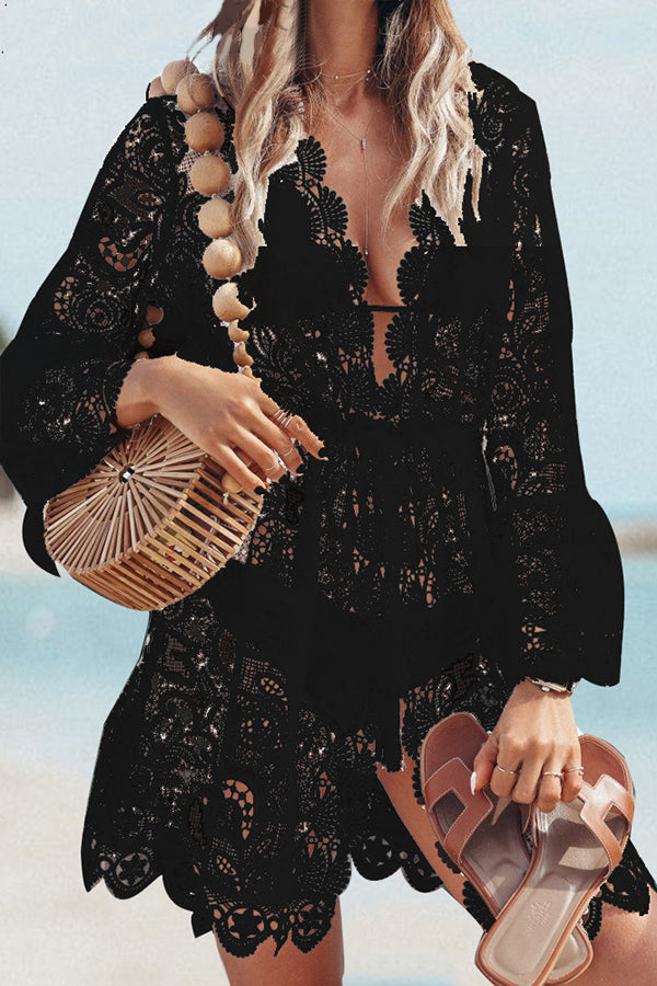 Sexy Resort Lace Long Sleeve V Neck Dress