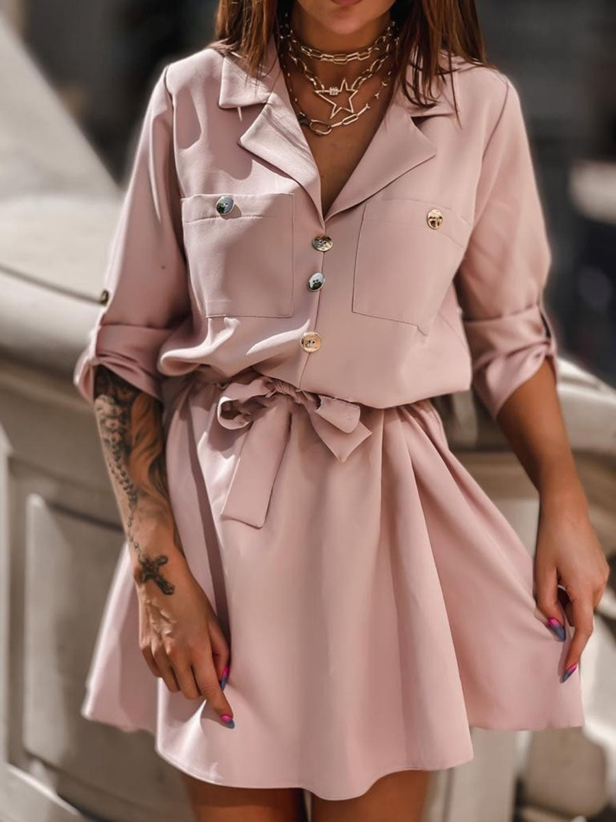 Solid Lapel Neck Bidded Shift Mini Dress