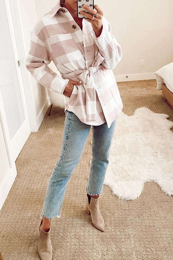 Lapel Button Down Tie Waist Plaid Shacket