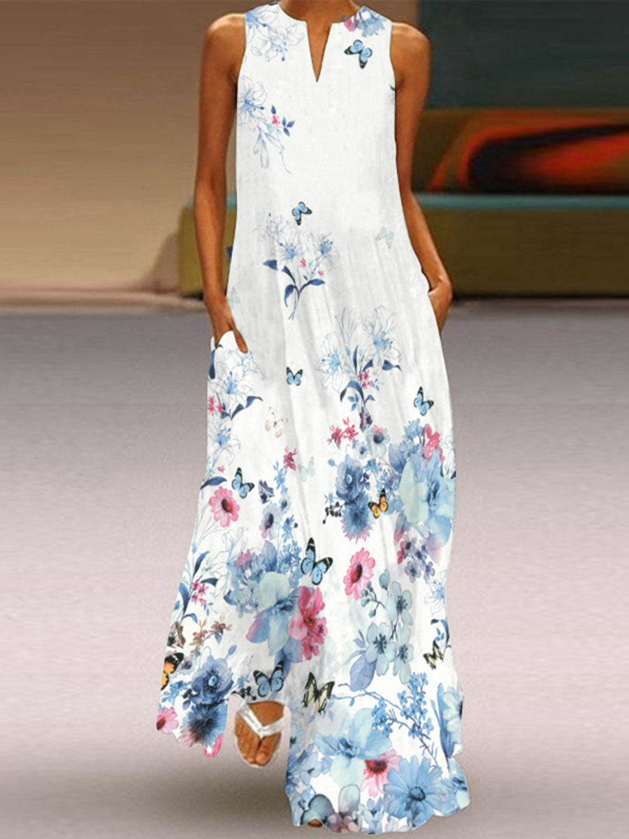 Vintage Floral Printed Statement Plus Size Sleeveless V Neck Casual Dresses