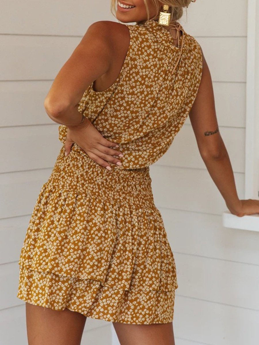 V-neck sleeveless print tie mini dress