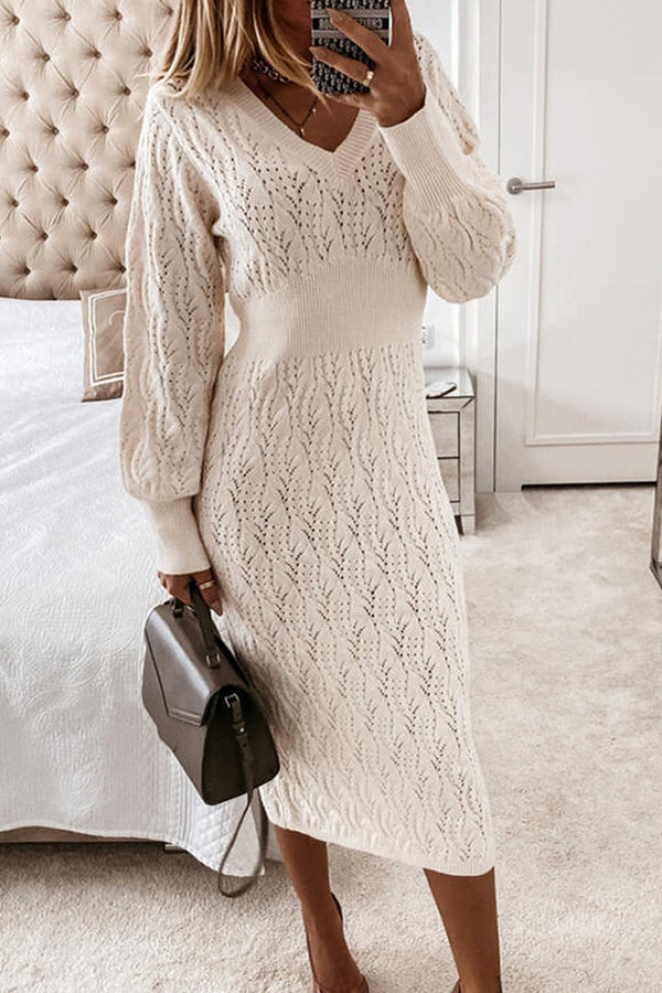 HOLLOW V NECK PUFF SLEEVE SWEATER DRESS