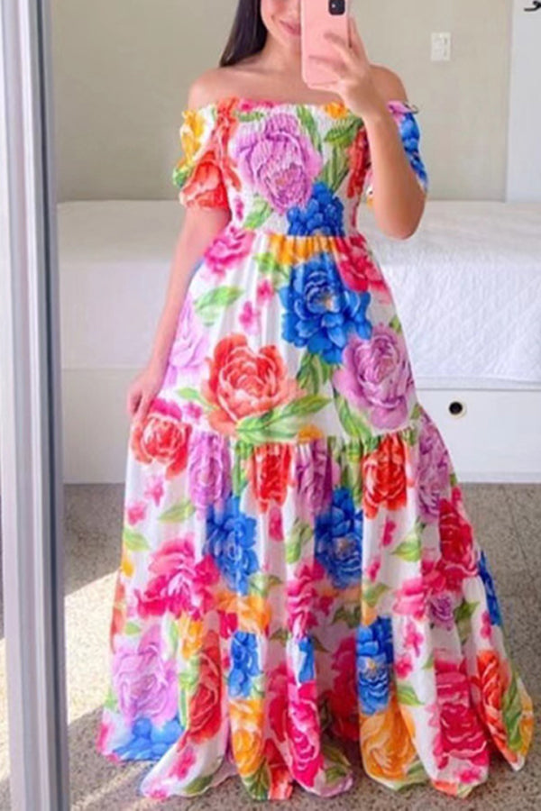 One-shoulder Floral Off-the-shoulder Long Printed Skirt