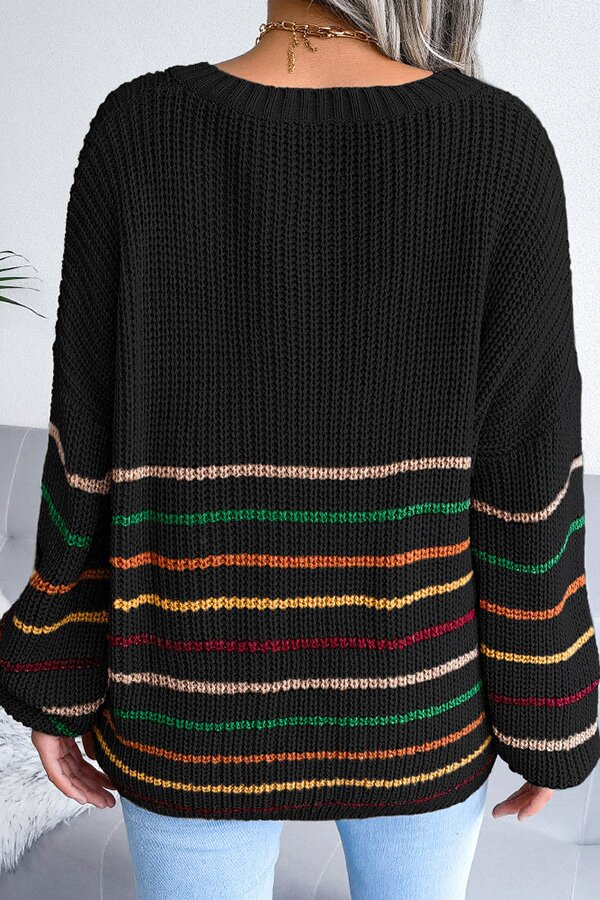 Rainbow Stripes Casual Loose V-neck Sweater