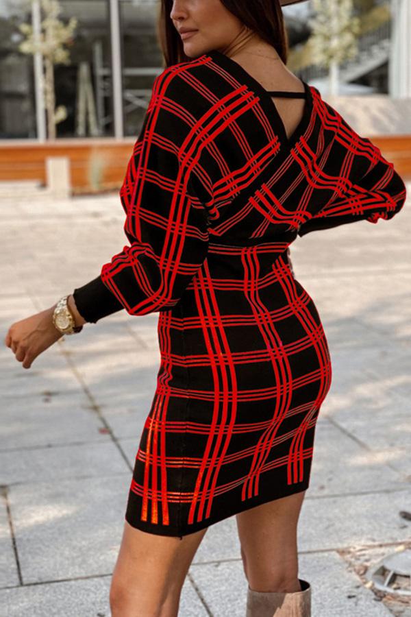 V-neck Plaid Sweater Dress