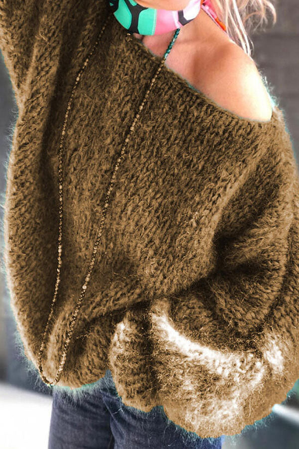 Slanted Shoulder Wool Knit Sweater