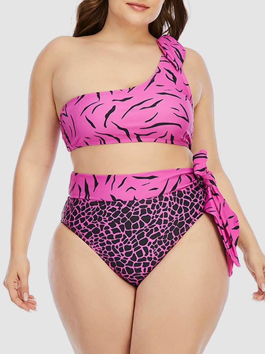 Sweet One Shoulder Animal Print Bandage Design Pink Two-piece Swimsuit
