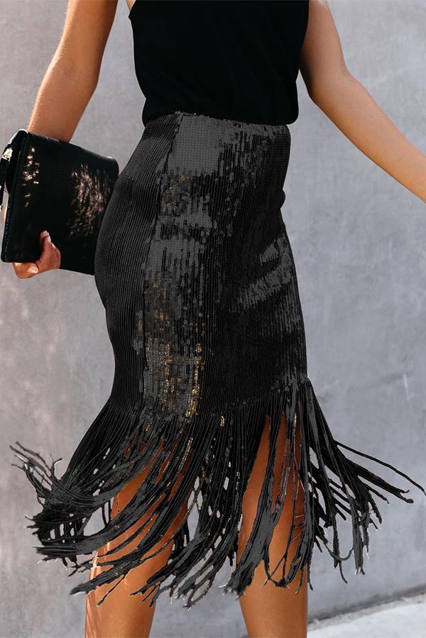 Sequined High Waist Fringed Skirt