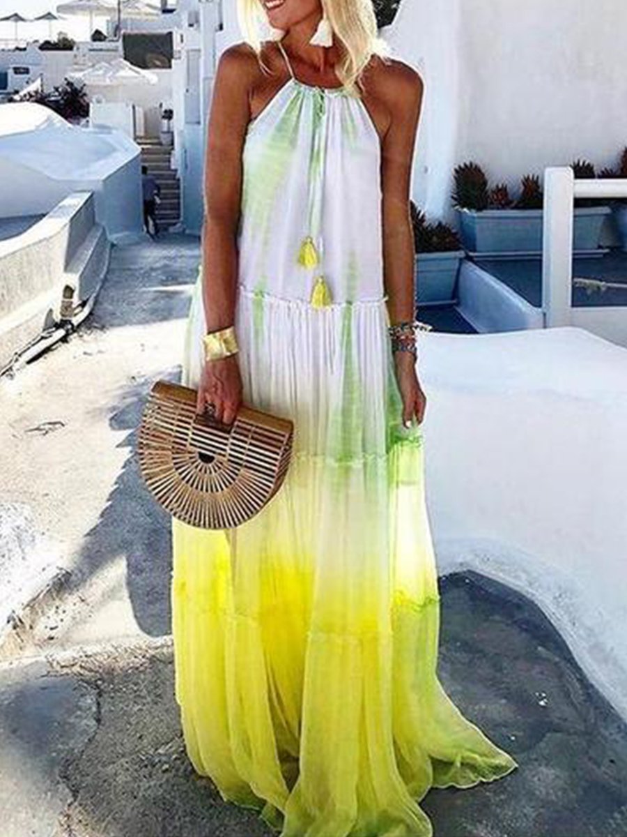 Halter Neck Tie-dye Print Maxi Vacation Dress