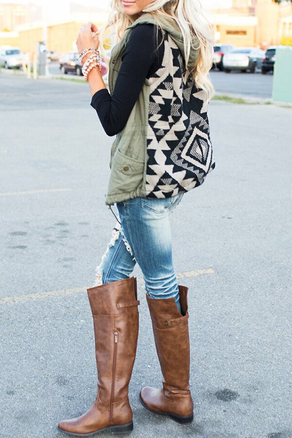 Casual Olive Aztec Back Hooded Vest Jacket