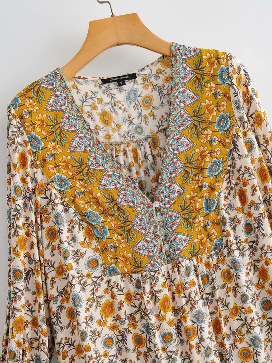 V-neck Multicolor Print Mini Dress