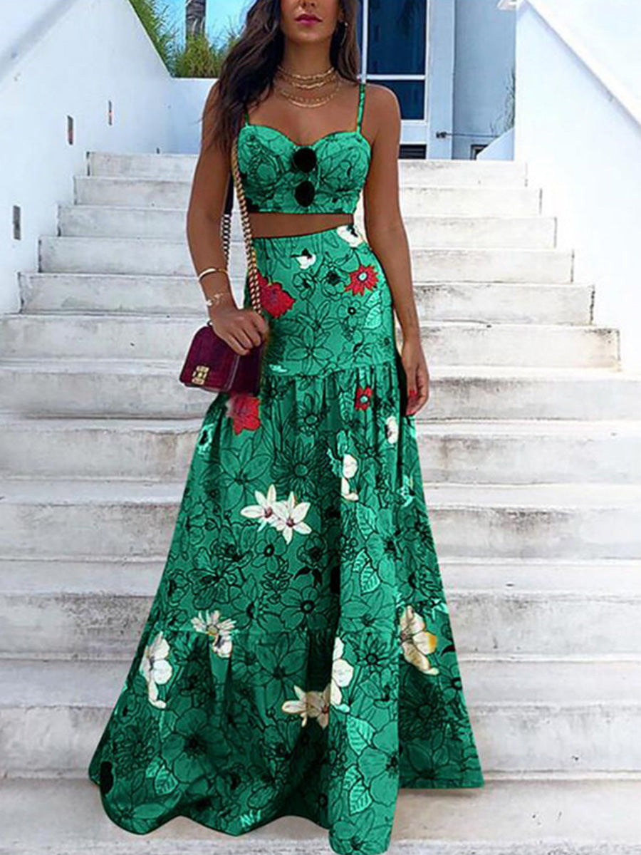 Bohemian Floral Print Long Skirt Suit