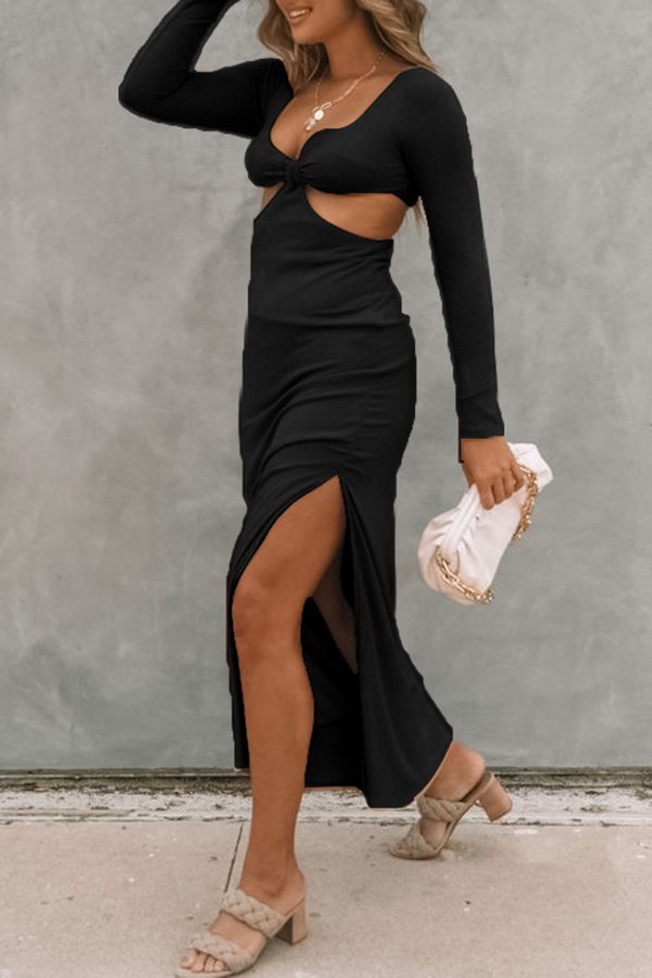 Sexy Deep V Neck Hollow High Slit Slim Fit Maxi Dress