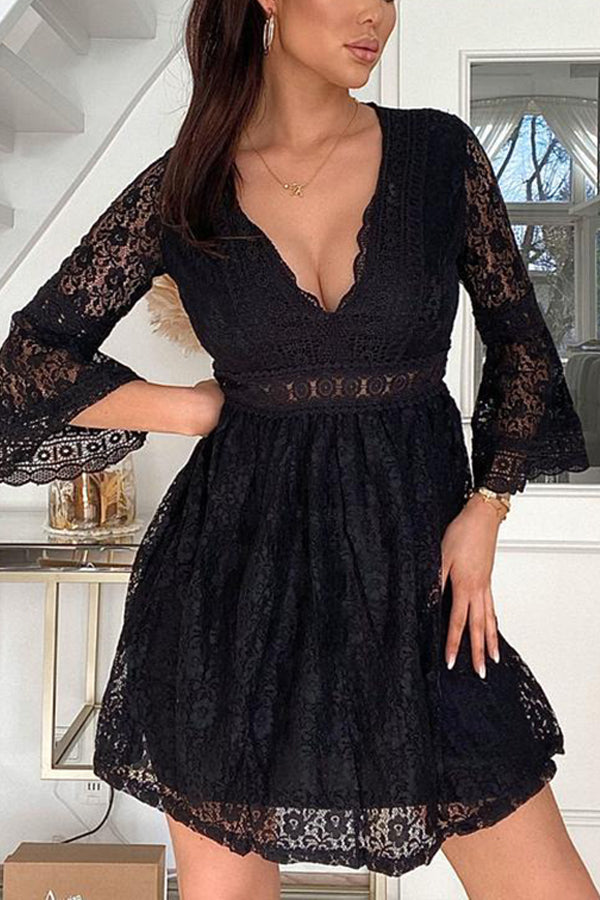 New Lace Stitching Lace Flare 3 / 4 Sleeve Loose Dress