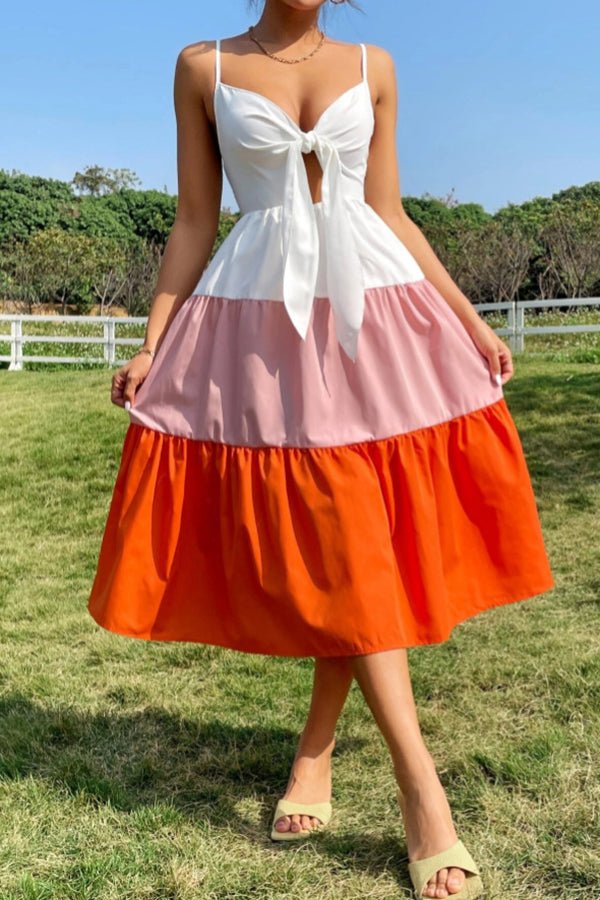 Bow Tie Backless Contrast Panel Midi Dress