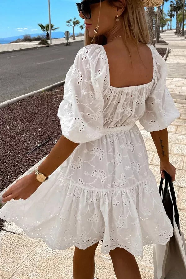 V Neck Crochet Lace Mini Dress