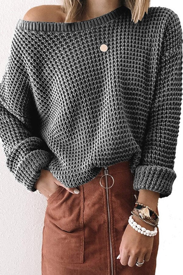 Solid Oblique Collar Eyelet Knit Sweater