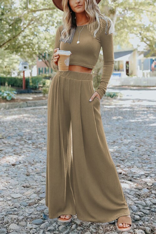 Long Sleeve Cropped Top Wide Leg Pleated Pants Set