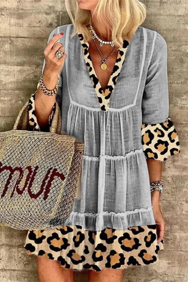 Leopard Print Stitching Cotton and Linen Dress