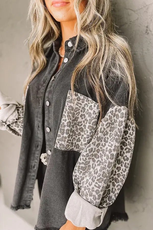 True Statement Denim Jacket-Black Leopard