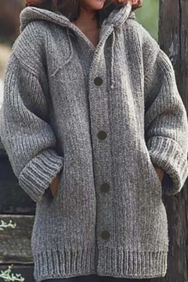 Button Down Hooded Knitted Cardigan Plus Size Outerwear For Women