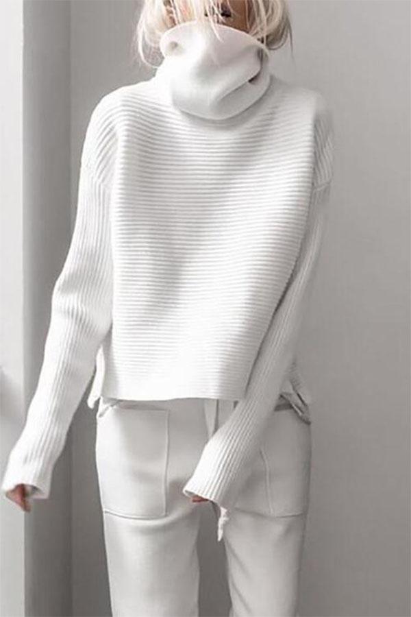 Turtleneck Ribbed Kint Pure White Sweater