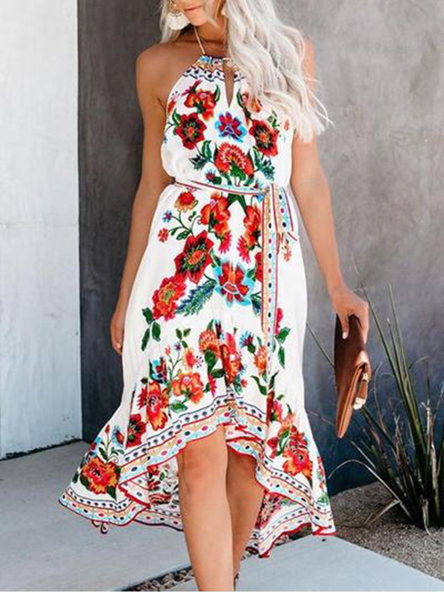 Halterneck Floral Print High-low Maxi Dress
