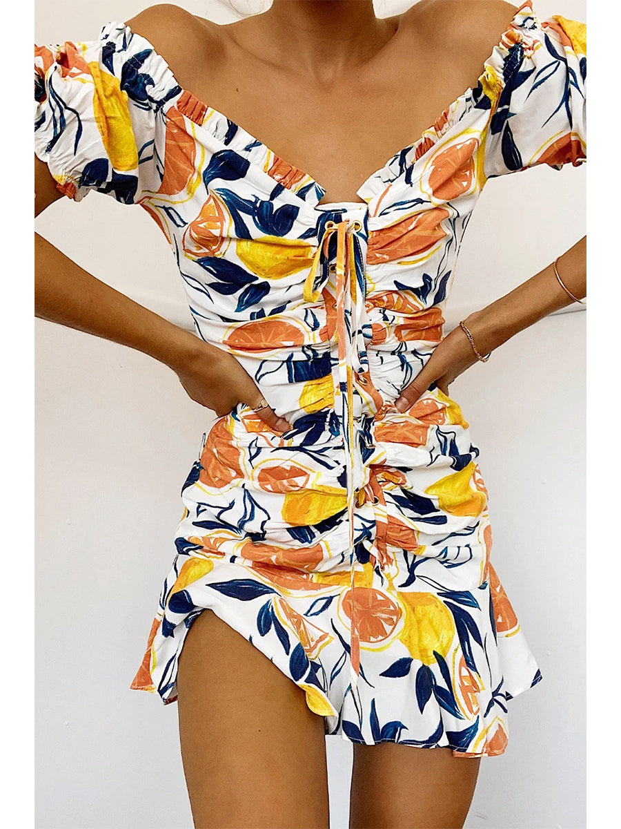 Off-Shoulder Lace-up Print Slim-fit Mini Dress
