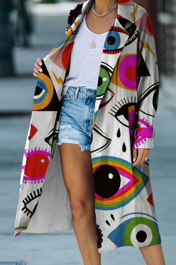 Casual Irregular Printed Lapel Midi Outerwear