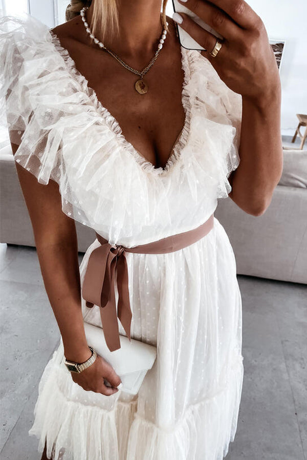 Pink V-neck Mesh Stitching Midi Evening Dress