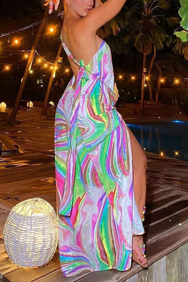 Printed Lace-up Slit Open-back Resort Dress